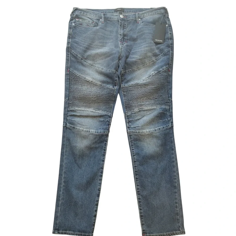 True Religion Rocco Relaxed Skinny Men Jeans Blue Distressed‎ Moto Size 36x32